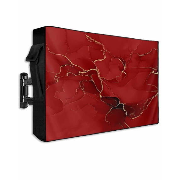 Outdoor TV Cover 52 to 55 Inch Weatherproof, Red WatercolorTextured Waterproof TV Screen Protector for Outside Decor with Zipper and Pocket 52"L x 30"H , Abstract Gold Fluid Line Minimalist
