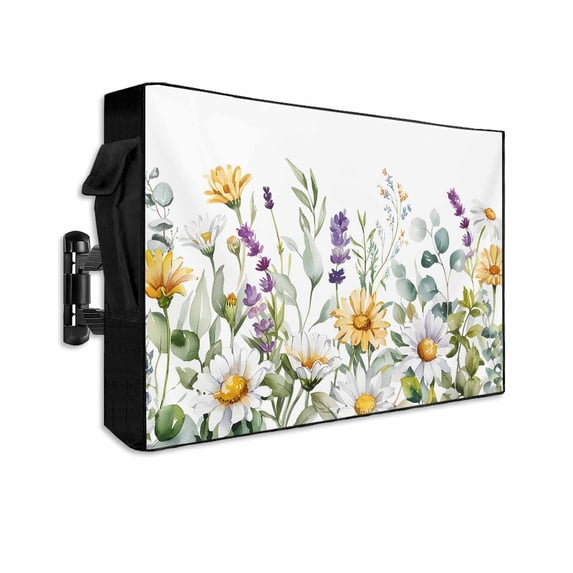 Outdoor TV Cover 52 to 55 Inch Weatherproof, Rustic Watercolor Floral Waterproof TV Screen Protector for Outside Decor with Zipper and Pocket 52"L x 30"H , Yellow White Daisy Green Leaf White