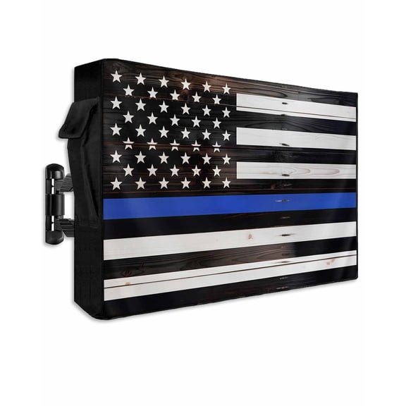 Outdoor TV Cover 52 to 55 Inch Weatherproof, Thin Blue Line Waterproof TV Screen Protector for Outside Decor with Zipper and Pocket 52"L x 30"H , Vintage American Flag Rustic Wood