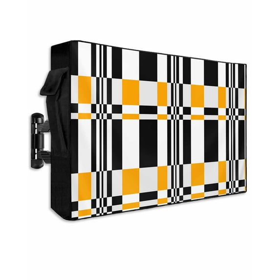 Outdoor TV Cover 52 to 55 Inch Weatherproof, Yellow Black Squares Waterproof TV Screen Protector for Outside Decor with Zipper and Pocket 52"L x 30"H , Abstract Geometric Art