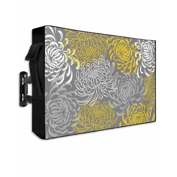 Outdoor TV Cover 52 to 55 Inch Weatherproof, Yellow Gray Floral Waterproof TV Screen Protector for Outside Decor with Zipper and Pocket 52"L x 30"H , Abstract Flowers Pattern