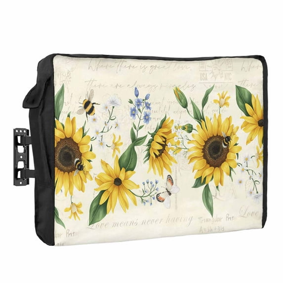 Outdoor TV Cover 52 to 55 Inches, Sunflower Butterfly Bee Flower Farm Beige Background Waterproof and Weatherproof TV Cover with Remote Control Pocket, Flat Screen TV Cover Protector for Outside TV