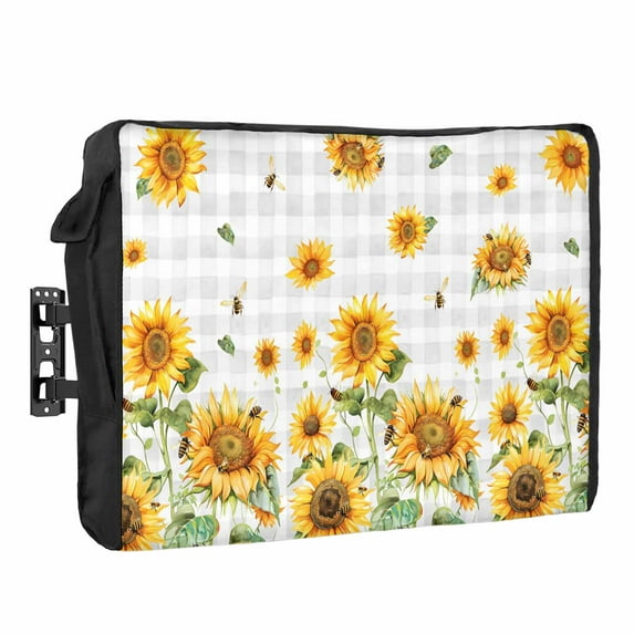 Outdoor TV Cover 52 to 55 Inches, Vintage Sunflower Bee Gray Plaid Country Farmhouse Waterproof and Weatherproof TV Cover with Remote Control Pocket, Flat Screen TV Cover Protector for Outside TV