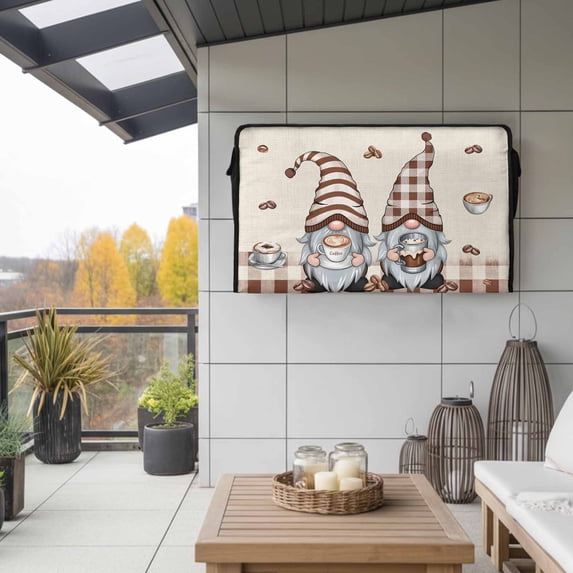 Outdoor TV Cover 52x30x4.5in, Coffee Cup Beans on Vintage Linen Weatherproof TV Screen Protector with Zipper, Gnomes Brown Plaid Outside Television Cover Fits Up to 52-55"
