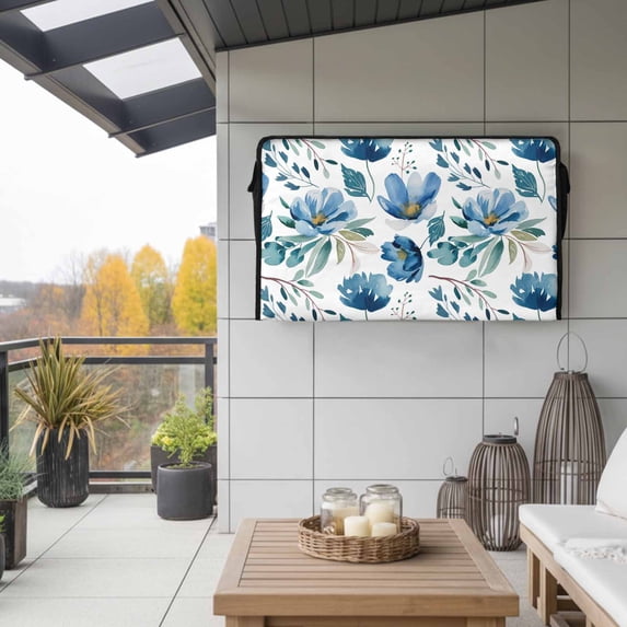 Outdoor TV Cover 52x30x4.5in, Pastoral Floral Watercolor Blue Weatherproof TV Screen Protector with Zipper, Gradient Botanical Wildflower Outside Television Cover Fits Up to 52-55"