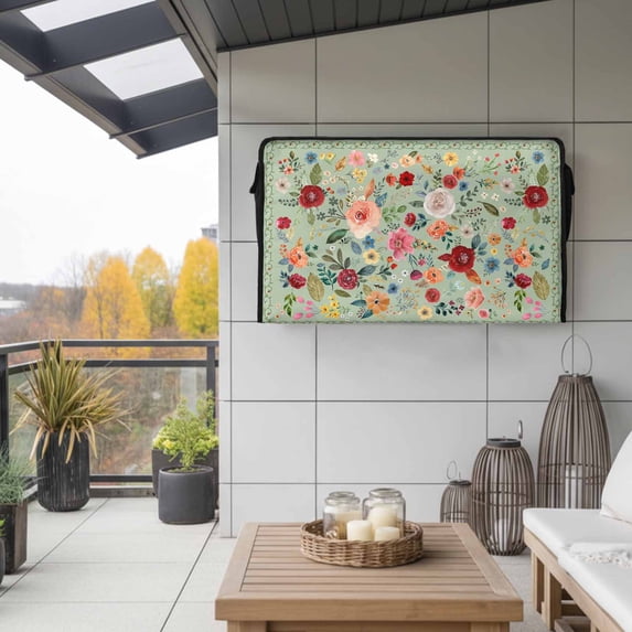 Outdoor TV Cover 52x30x4.5in, Pastoral Watercolor Flowers on Green Weatherproof TV Screen Protector with Zipper, Flowers Leaves Outside Television Cover Fits Up to 52-55"