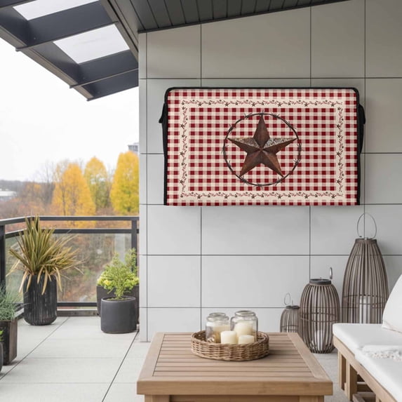 Outdoor TV Cover 52x30x4.5in, Western Country Stars Weatherproof TV Screen Protector with Zipper, Vintage Red Buffalo Plaid Outside Television Cover Fits Up to 52-55"