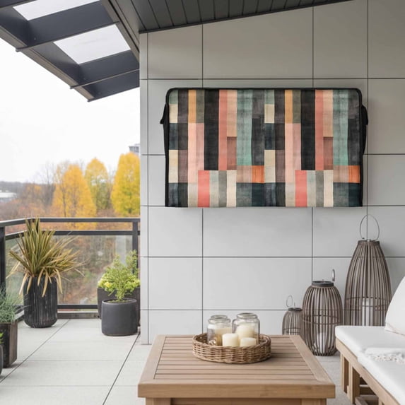 Outdoor TV Cover 58x37x4.5in, Abstract Colorful Stripes Weatherproof TV Screen Protector with Zipper, Country Square Geometric Art Outside Television Cover Fits Up to 60-65"
