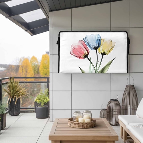 Outdoor TV Cover 58x37x4.5in, Farm Blue Yellow Pink Flower Tulip Weatherproof TV Screen Protector with Zipper, Spring Floral on White Outside Television Cover Fits Up to 60-65"