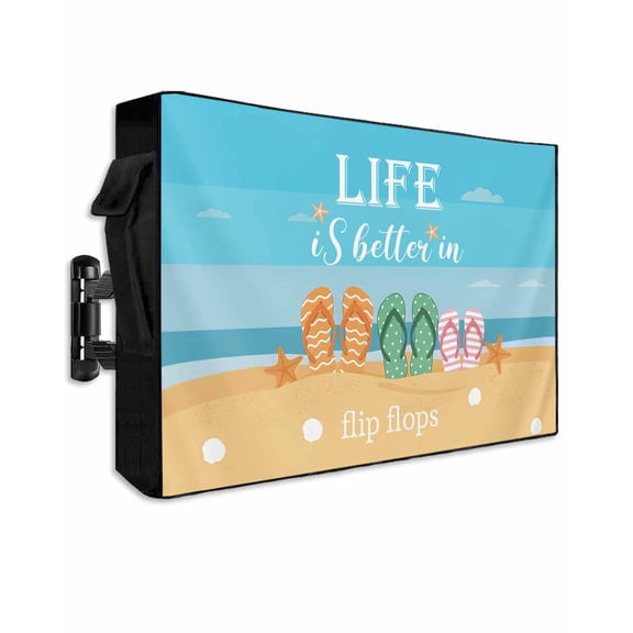 Outdoor TV Cover 60 to 65 Inch Weatherproof, Blue Coastal Beach Waterproof TV Screen Protector for Outside Decor with Zipper and Pocket 58"L x 37"H , Slippers Starfish Shell