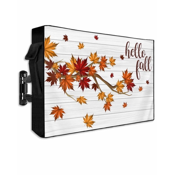 Outdoor TV Cover 60 to 65 Inch Weatherproof, Fall Thansgiving Waterproof TV Screen Protector for Outside Decor with Zipper and Pocket 58"L x 37"H , Orange Maple Leaf White Wood Texture