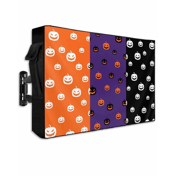 Outdoor TV Cover 60 to 65 Inch Weatherproof, Halloween Waterproof TV Screen Protector for Outside Decor with Zipper and Pocket 58"L x 37"H , Haunted Pumpkins Pattern Orange Purple Black