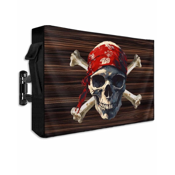 Outdoor TV Cover 60 to 65 Inch Weatherproof, Horror Vintage Waterproof TV Screen Protector for Outside Decor with Zipper and Pocket 58"L x 37"H , Skull Wood Texture Head Scarf White Brown