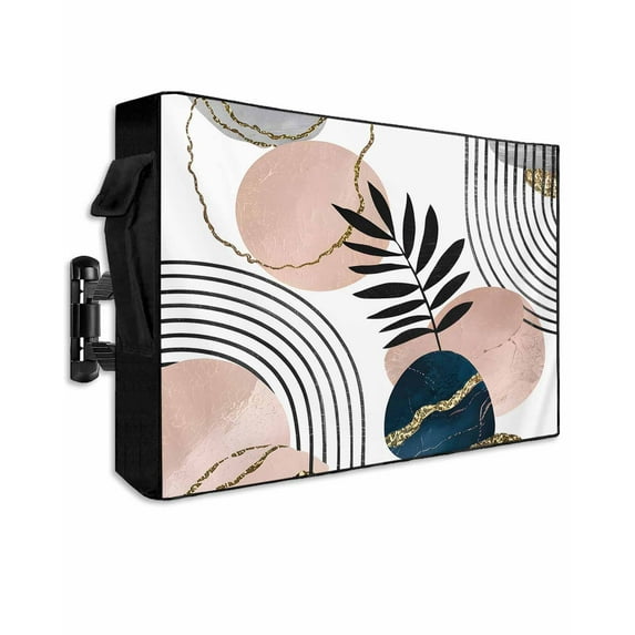 Outdoor TV Cover 60 to 65 Inch Weatherproof, Mid Century Boho Waterproof TV Screen Protector for Outside Decor with Zipper and Pocket 58"L x 37"H , Navy Pink Abstract Geo Leaf White