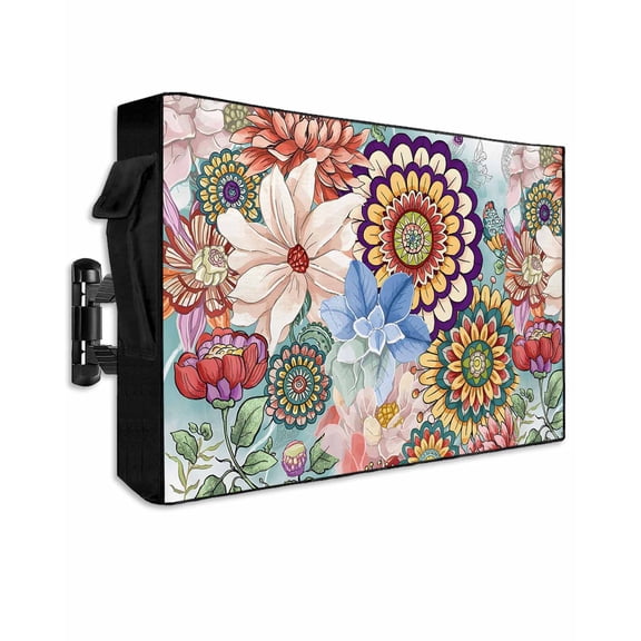 Outdoor TV Cover 60 to 65 Inch Weatherproof, Multicolor Boho Floral Waterproof TV Screen Protector for Outside Decor with Zipper and Pocket 58"L x 37"H , Vintage Watercolor Flowers