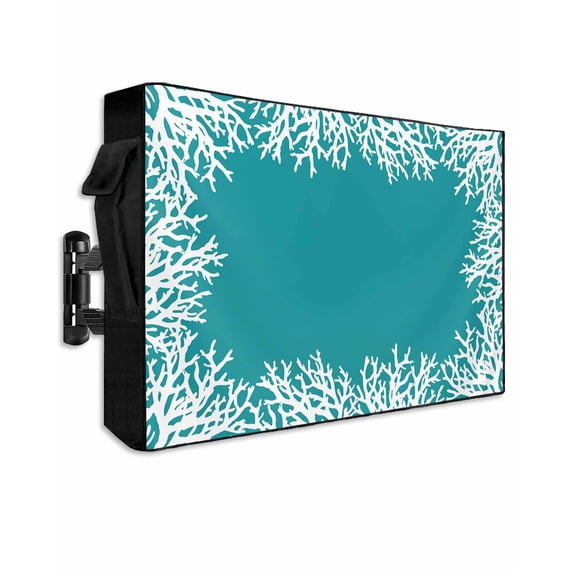 Outdoor TV Cover 60 to 65 Inch Weatherproof, Nautical Coastal Waterproof TV Screen Protector for Outside Decor with Zipper and Pocket 58"L x 37"H , Ocean Coral Texture Turquoise White