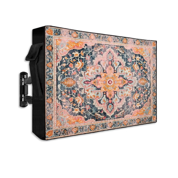 Outdoor TV Cover 60 to 65 Inch Weatherproof, Orange Boho Floral Waterproof TV Screen Protector for Outside Decor with Zipper and Pocket 58"L x 37"H , Medieval Vintage Texture