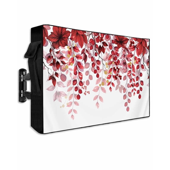 Outdoor TV Cover 60 to 65 Inch Weatherproof, Red Christmas Eucalyptus Leaf Waterproof TV Screen Protector for Outside Decor with Zipper and Pocket 58"L x 37"H , Botanical Winter Floral White