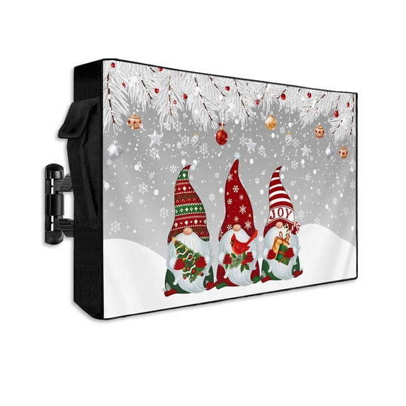 Outdoor TV Cover 60 to 65 Inch Weatherproof, Red Christmas Gnomes Waterproof TV Screen Protector for Outside Decor with Zipper and Pocket 58"L x 37"H , Grey Snowy Pine Tree Branch Xmas Balls