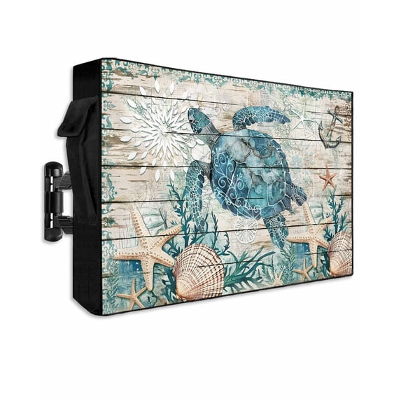 Outdoor TV Cover 60 to 65 Inch Weatherproof, Retro Coastal Waterproof TV Screen Protector for Outside Decor with Zipper and Pocket 58"L x 37"H , Wood Texture Sea Turtle Starfish Blue