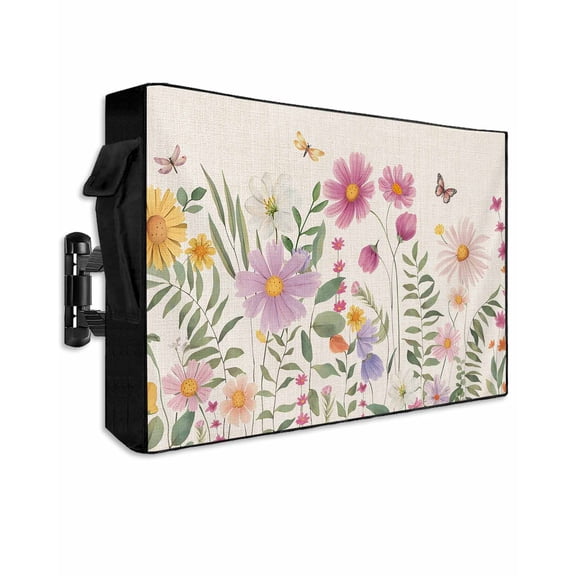 Outdoor TV Cover 60 to 65 Inch Weatherproof, Rustic Watercolor Floral Waterproof TV Screen Protector for Outside Decor with Zipper and Pocket 58"L x 37"H , Wild Flowers Pink Yellow Dragonflies