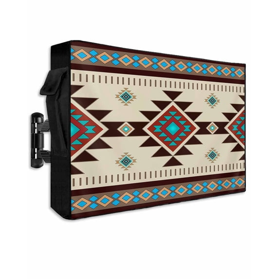 Outdoor TV Cover 60 to 65 Inch Weatherproof, Southwest Boho Pattern Waterproof TV Screen Protector for Outside Decor with Zipper and Pocket 58"L x 37"H , Aztec Tribal Texture Brown Blue Green