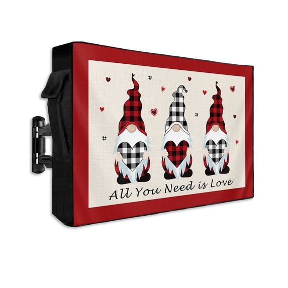 Outdoor TV Cover 60 to 65 Inch Weatherproof, Valentines Day Gnomes Waterproof TV Screen Protector for Outside Decor with Zipper and Pocket 58"L x 37"H , Buffalo Plaid Love Hearts Rustic Farmhouse