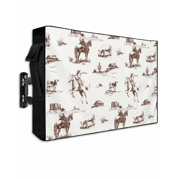 Outdoor TV Cover 60 to 65 Inch Weatherproof, Western Farmhouse Waterproof TV Screen Protector for Outside Decor with Zipper and Pocket 58"L x 37"H , Cowboy Horse Desert Brown White