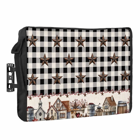 Outdoor TV Cover 60 to 65 Inches, Black White Buffalo Plaid Country Star Barn Barrel Farmhouse Waterproof TV Cover with Remote Control Pocket, Flat Screen TV Cover Protector for Outside TV