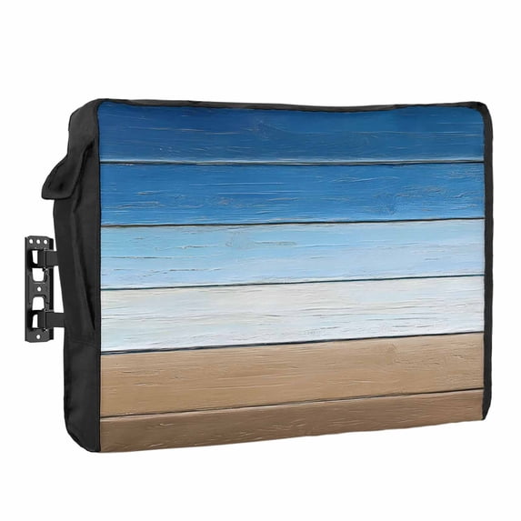 Outdoor TV Cover 60 to 65 Inches, Blue Brown Gradient Wood Grain Farmhouse Vintage Waterproof and Weatherproof TV Cover with Remote Control Pocket, Flat Screen TV Cover Protector for Outside TV
