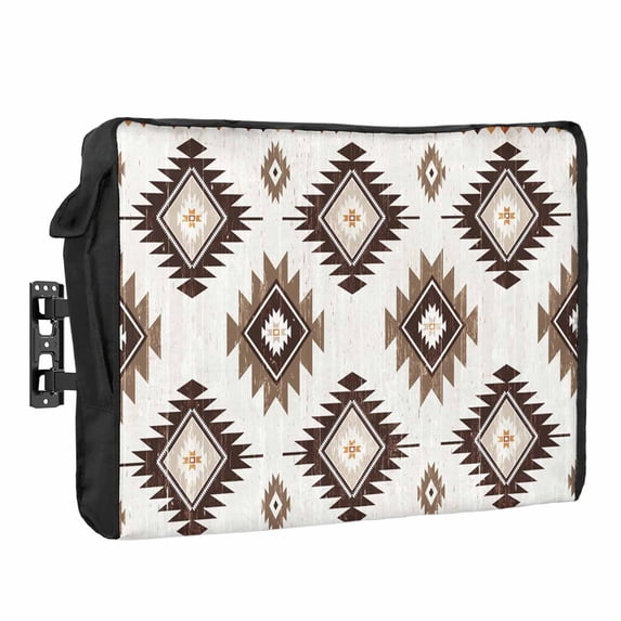 Outdoor TV Cover 60 to 65 Inches, Khaki Brown Aztec Ethnic Southwestern Native Geometric Waterproof and Weatherproof TV Cover with Remote Control Pocket, Flat Screen TV Cover Protector for Outside TV