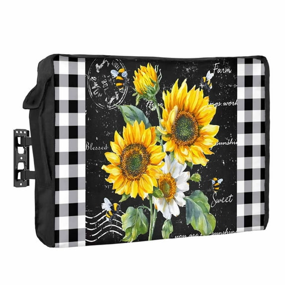Outdoor TV Cover 60 to 65 Inches, Sunflowers Vintage Floral Bee Farmhouse Black Buffalo Plaid Waterproof TV Cover with Remote Control Pocket, Flat Screen TV Cover Protector for Outside TV