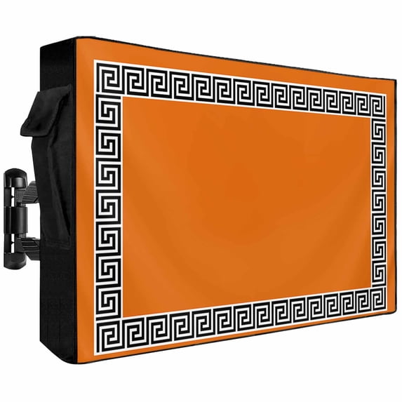 Outdoor TV Cover 68x42x4.5in, Black Simple Geometric Lines Border Weatherproof TV Screen Protector with Zipper, Orange Outside Television Cover Fits Up to 70-75"