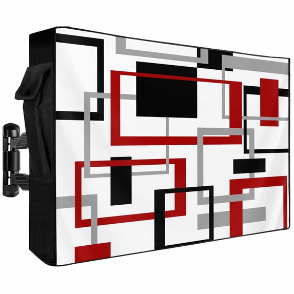 Outdoor TV Cover 68x42x4.5in, Geometric Red Grey Black Square Weatherproof TV Screen Protector with Zipper, Abstract Art Outside Television Cover Fits Up to 70-75"