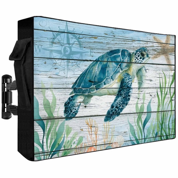 Outdoor TV Cover 68x42x4.5in, Sea Turtle Seagrass Starfish Weatherproof TV Screen Protector with Zipper, Nautical Compass Blue Gradient Outside Television Cover Fits Up to 70-75"
