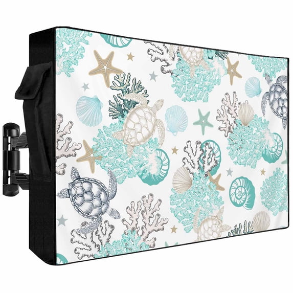 Outdoor TV Cover 68x42x4.5in, Sea Turtle Starfish Shell Coral Weatherproof TV Screen Protector with Zipper, Marine Life Art Outside Television Cover Fits Up to 70-75"