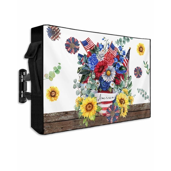 Outdoor TV Cover 70 to 75 Inch Weatherproof, 4th of July Waterproof TV Screen Protector for Outside Decor with Zipper and Pocket 68"L x 42"H , Memorial Day Sunflower Rustic Farmhouse Floral