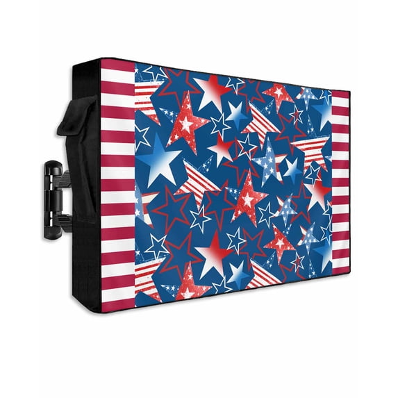 Outdoor TV Cover 70 to 75 Inch Weatherproof, 4th of July Waterproof TV Screen Protector for Outside Decor with Zipper and Pocket 68"L x 42"H , Patriotic Memorial Day Red Blue Stripesd Stars