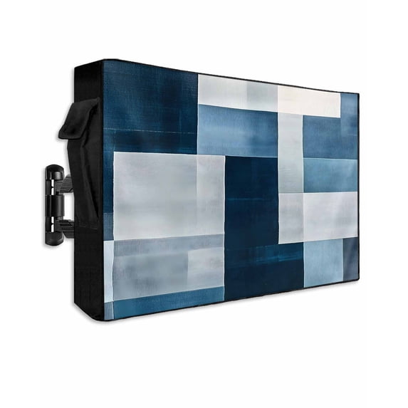 Outdoor TV Cover 70 to 75 Inch Weatherproof, Abstract Blue Checkered Waterproof TV Screen Protector for Outside Decor with Zipper and Pocket 68"L x 42"H , Modern Watercolor Art