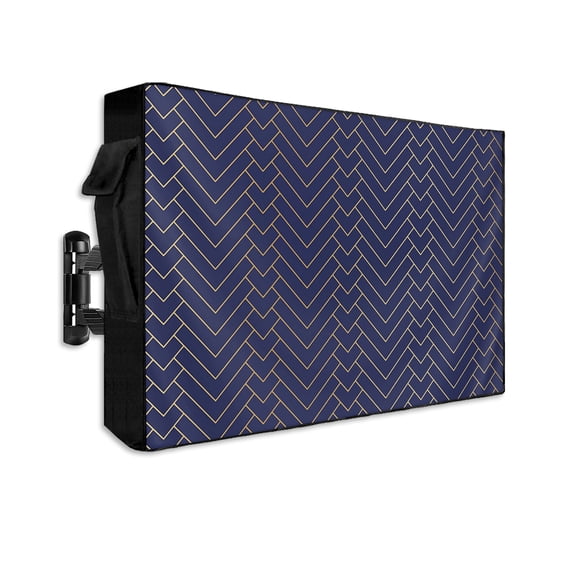 Outdoor TV Cover 70 to 75 Inch Weatherproof, Abstract Geometric Waterproof TV Screen Protector for Outside Decor with Zipper and Pocket 68"L x 42"H , Navy Blue Gold Minimalist Herringbone Pattern