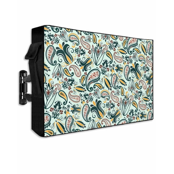 Outdoor TV Cover 70 to 75 Inch Weatherproof, Abstract Vintage Paisley Waterproof TV Screen Protector for Outside Decor with Zipper and Pocket 68"L x 42"H , Boho Floral Texture Light Green