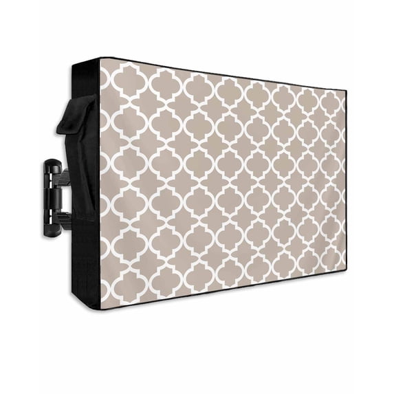 Outdoor TV Cover 70 to 75 Inch Weatherproof, Beige White Geometric Waterproof TV Screen Protector for Outside Decor with Zipper and Pocket 68"L x 42"H , Minimalist Morocco Pattern