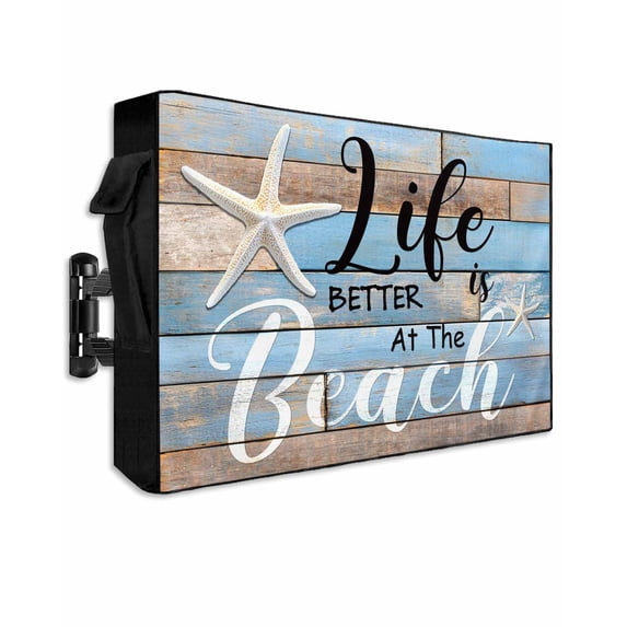 Outdoor TV Cover 70 to 75 Inch Weatherproof, Blue Coastal Nautical Waterproof TV Screen Protector for Outside Decor with Zipper and Pocket 68"L x 42"H , Life Is Better at The Beach Farmhouse