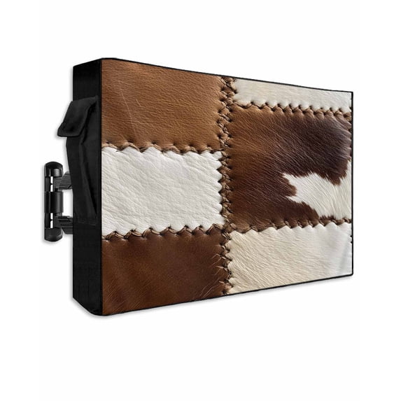 Outdoor TV Cover 70 to 75 Inch Weatherproof, Brown White Cowhide Print Waterproof TV Screen Protector for Outside Decor with Zipper and Pocket 68"L x 42"H , Abstract Cow Pattern
