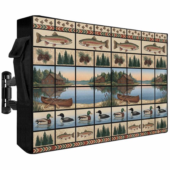 Outdoor TV Cover 70 to 75 Inch Weatherproof, Duck Fish Waterproof TV Screen Protector for Outside Decor with Zipper and Pocket 68"L x 42"H , Pine Cones Tree Boat Lack Landscape