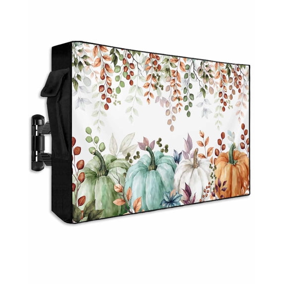 Outdoor TV Cover 70 to 75 Inch Weatherproof, Fall Thanksgiving Waterproof TV Screen Protector for Outside Decor with Zipper and Pocket 68"L x 42"H , Orange White Green Pumpkin Leaf
