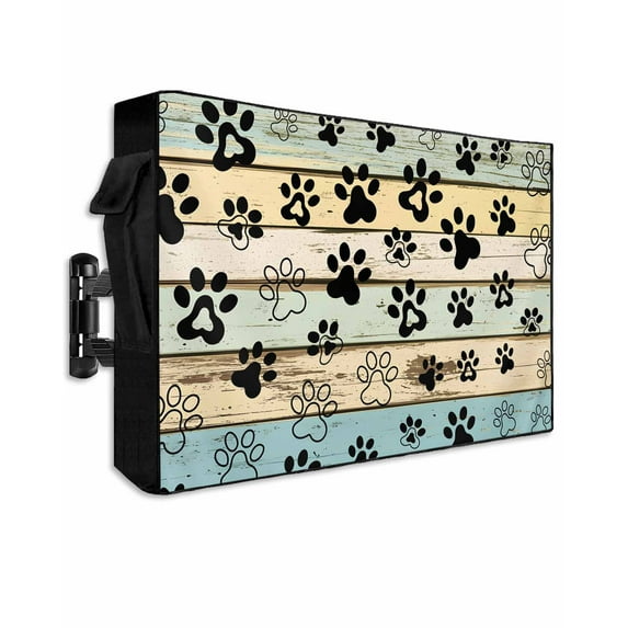 Outdoor TV Cover 70 to 75 Inch Weatherproof, Farmhouse Vintage Waterproof TV Screen Protector for Outside Decor with Zipper and Pocket 68"L x 42"H , Pet Dog Paws Wood Texture Beige Blue
