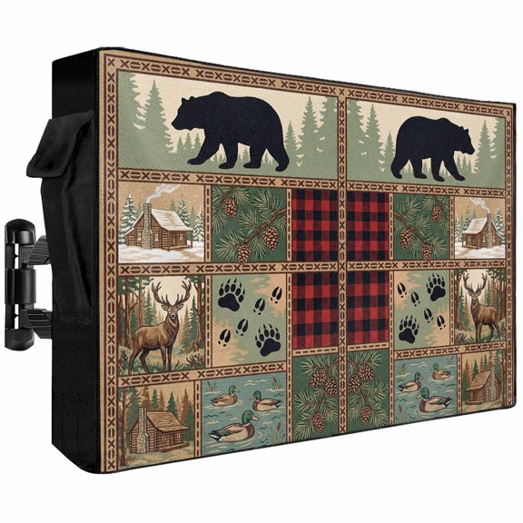Outdoor TV Cover 70 to 75 Inch Weatherproof, Forest Bear Waterproof TV Screen Protector for Outside Decor with Zipper and Pocket 68"L x 42"H , Wild Animals Pine Trees Woodland