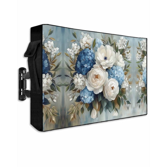 Outdoor TV Cover 70 to 75 Inch Weatherproof, Modern Waterproof TV Screen Protector for Outside Decor with Zipper and Pocket 68"L x 42"H , Oil Painting Hydrangeas Peony Blue White