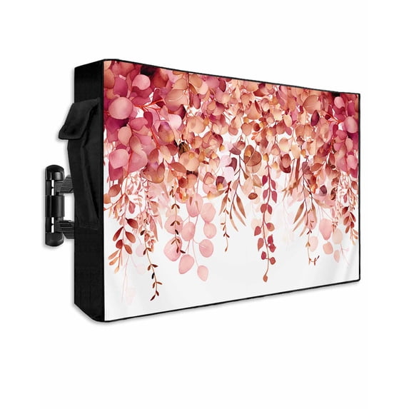 Outdoor TV Cover 70 to 75 Inch Weatherproof, Red Fall Christmas Eucalyptus Waterproof TV Screen Protector for Outside Decor with Zipper and Pocket 68"L x 42"H , Rustic Watercolor Leaves Floral